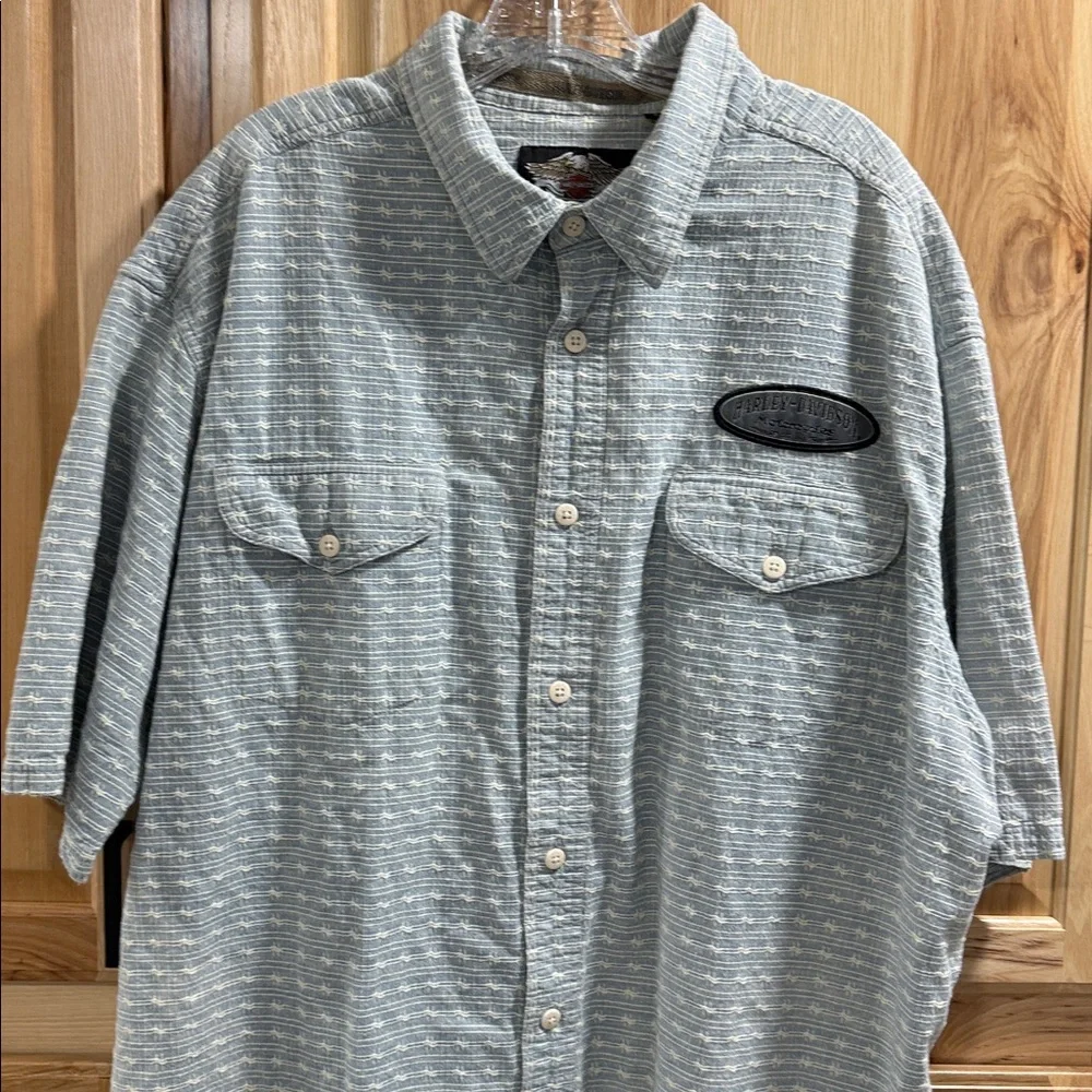 Lt Blue White Vintage Harley Davidson Short Sleeve Button Barbed Wire Shirt SzXL